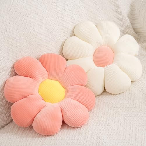 FSRONGXI Lot de 2 Coussin Fleur Coussins décoratifs en Forme de Marguerite en Peluche pour Chambre à Coucher, canapé, Chaise (Rose et Blanc, 38 x 38 cm)