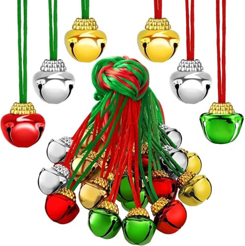 KAHEIGN 60 Pezzi Collane con Campanelle di Natale, 40CM Collana per Feste di Natale con 2CM Piccola Campana per Natale Artigianato Regalo Calza Riempitivo Festa Bomboniere Casa Decorazioni (6 Stili)