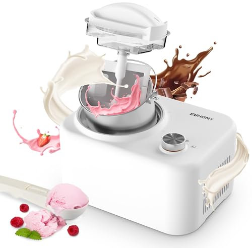 EUHOMY Eismaschine mit Kompressor, Eismaschine, kleine Eismaschine, selbstkühlende Eismaschine, 0,8 l Eismaschine, Kompressor 100 W, Weiß