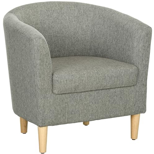 HOMCOM Poltrona Camera da Letto a Pozzetto in Tessuto con Gambe in Legno, Poltroncina Salotto Imbottita con Schienale e Braccioli, 74x63x73 cm, Grigio