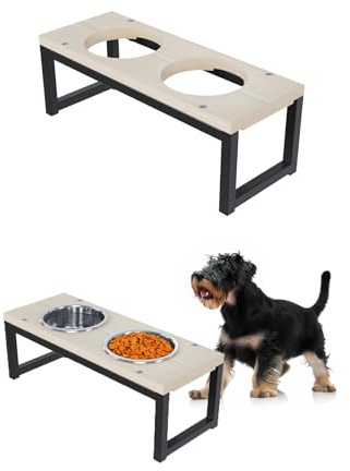 QLS Napfständer für Hunde aus Holz und Stahl 17,5 cm mit Doppel Futternapf inkl. 2X 0,9 L naturbelassen