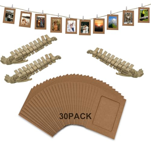 Paquete de 30 marcos de fotos de papel marrón de 4 x 6 pulgadas con cuerda para colgar y clavijas para pancarta de fotos, exhibición y decoración de eventos
