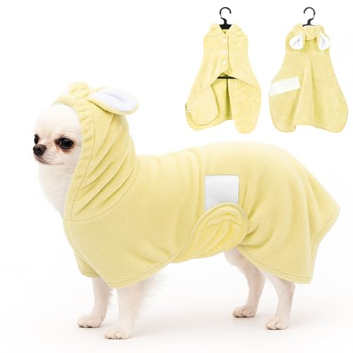 Fnaobai Pet Bathrobe Towel Dog Cat Drying Coat Super Absorbent Cute Dogs Bath Towel Hooded Robe Adjustable Collar & Belly Strap for XSmall to XLarge Pets (Yellow, Small)