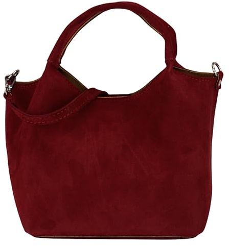 SH Leder Damen Handtasche aus echtem Wildleder Beuteltasche mit Schultergurt und Innentasche Elegante Henkeltasche Crossbody Tasche für Alltag & Büro 28x18cm Alesia W688 (Dunkelrot)