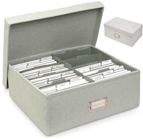 kroucoco Linen Photo Storage Box,Decorative Photo Organizer with Dividers Can Hold 1700 Photos(4x6) and Pictures,Photo Storage Containers with Lid for Cards,Stickers,Scrapbooks,Stamps,Keepsake