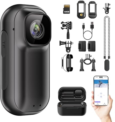 ONKELYIM Mini Fotocamera Sportiva 4K WiFi, 128 GB Action Camera, Fotocamera Moto Magnetica Portatile, POV Bodycam, Fotocamera Corpo Mani Libere Dimensione Di Un Pollice per Animali Domestici, Viaggi