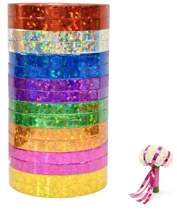 16Pcs Rouleaux De Ruban Brillant, 160m*5mm Scintillants Ruban à Boucles Cadeau Couleurs, 8 Couleurs Rubans à Friser Laser Serpentins Coloré Ballon Bolduc Lisse pour Mariage DIY Art Fête Cadeau