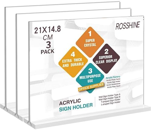 A5 Menu Holders, 3 PackT-Shaped Acrylic Sign Holder Poster Display Stand | ROSSHINE Clear Double Side Display Stands Horizontal Poster Holder for Office School Shop Restaurant Reception Desk