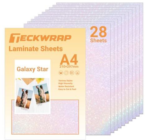 TECKWRAP Holographic Laminate Sheets for Sticker Paper A4 28pcs,Galaxy Star | Holographic Adhesive Sheets Waterproof Laminate Sheets Clear Vinyl Sticker Laminate DIY Printable Vinyl for Inkjet Printer