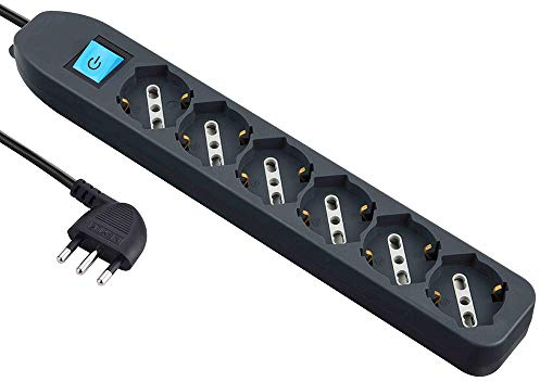 Electraline 62074 Multipresa 6 posti Polivalenti P40(Schuko + 10/16A) con Interruttore Cavo 1,5 m Nero