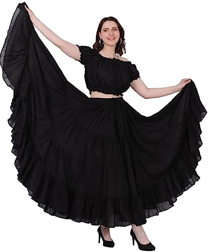Wevez® Women's Plus Size Maxi Skirt Gypsy 25 Yard Long Flowy Solid Color Cotton Renaissance Skirt (Black) | [Size: 0X-3X]