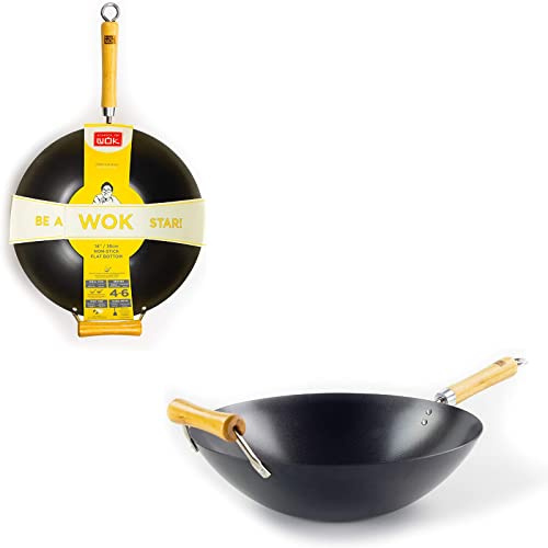School of Wok - 14/36cm Non Stick Heavy Duty Carbon Steel Flat Bottom Wok, Induction Hobs with Bamboo Wooden Handle
