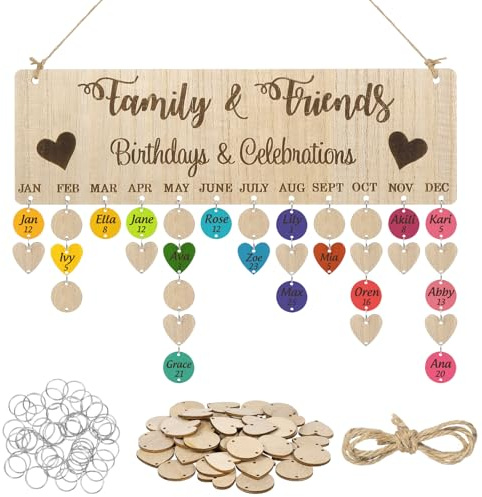 Gifts for Mom Grandma Family Birthday Calendar Wall Hanging Friends Birthday Plaque with Tags Wooden Reminder Calendar Plaque Sign Board for DIY Wall Home Decor Mother's Day
