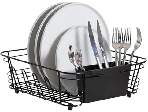 Better Houseware in Sink Dish Drying Rack, Dish Drying Rack in Sink with Non-Slip Handles, Stainless Steel Space-Saving Design, 2-Piece Set with Utensil Holder, 14.5 x 13 x 5 Inch, Black