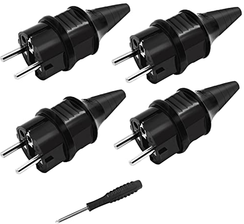 Ersatzstecker [4 Pack] Elektrischer Stecker, Schuko Standard, 4 x elektrische Erdungskontakt-Stecker aus Gummi (250 V/16 A) + 1 x Schraubendreher, IP44, wasserdicht, Netzstecker, Schwarz