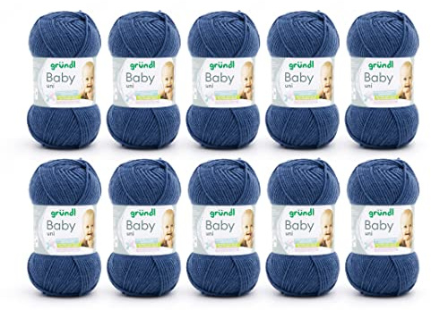 Gründl Baby uni Hilo de calceta/ganchillo 10 x 50 g, Color vaqueros | 70 % de poliacrílico y 30 % de poliamida, 50 g / 150 m, aguja: 3,5 - 4,5, 10 x 50 g