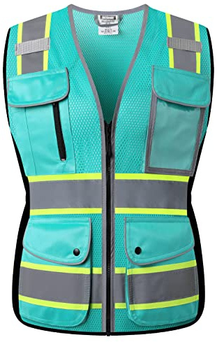 HATAUNKI High Visibility Reflection Peacock Mesh Safety Vests with 8 Pockets and Front Zipper, hi vis safety vest for Women, Meets ANSI/ISEA Standards(Peacock-16,L)