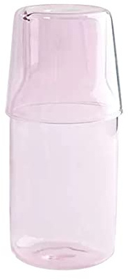 MISNODE Juego de jarra de agua para mesita de noche de 500 ml con vaso para mesita de noche, botella de enjuague bucal de vidrio, jarra de agua de jugo de vidrio transparente, rosa