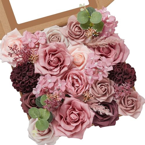 Serwalin Artificial Flowers Pink Fake Flowers Combo Box Set Silk Flowers with Stems for DIY Wedding Bouquets Bridal Shower Centerpieces Arrangements Party Cake Decorations
