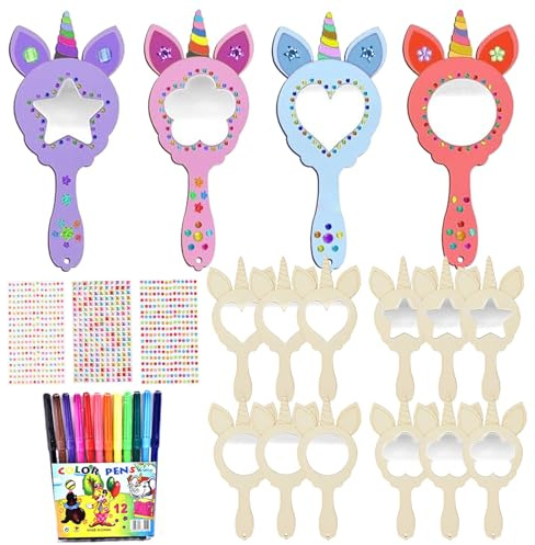 Miroir de Princesse en Bois, 12 Pièces Licorne à Main, DIY Enfant à Peindre et Décorer, Bricolage Loisirs Créatifs Peinture Activités Manuelles