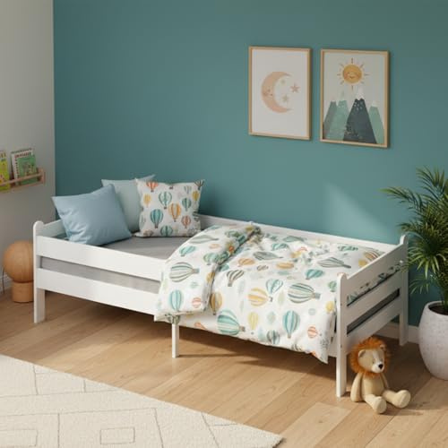 Bellabino Kuru Kinderbett 90x200 cm – Kinder Bett mit Rausfallschutz & Lattenrost - Jugendbett mit Stauraum - Kids Bed aus Holz - Einzelbett für Jungen und Mädchen für Kinderzimmer in Weiß