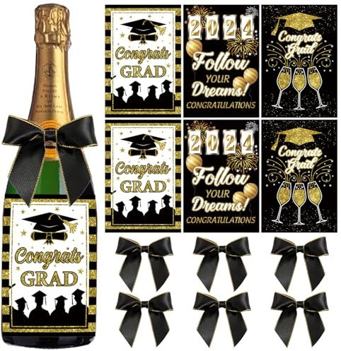 Lot de 6 étiquettes de bouteille, autocollants de graduation, 15 x 10 cm, pour bouteilles de vin, avec 6 nœuds décoratifs, pour étiquettes, cadeaux, bachelor, remise de diplôme, cadeau de remise de