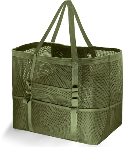 REETEE Grand Sac de Plage XXL Sac de Plage en Maille Pliable avec Multi-Poches Grande Capacité Sac de Plage Femme, Anti-Sable Pliable Main Sac pour Natation,Gym,Plage, Camping,Shopping (Vert)