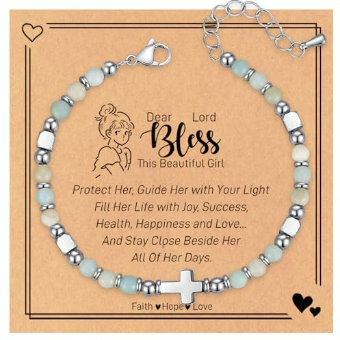 HEEYA Holy Communion Gifts for Girls, Green Beaded Bracelets Adjustable Cross Bracelets for Girl Her Daughter Teen, First Communion Gifts Religious Faith Jewellery Gifts for Christians