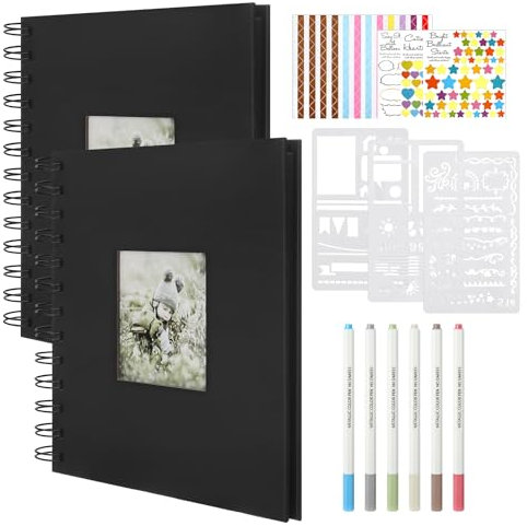2 Stück Schwarz Spiral Fotoalbum, 17x17 cm, 16,5x16.5 cm, 40 Blätter Schwarze Seiten Scrapbook Set, DIY Klein Geschenk Kit, Spulendesign Fotoalbum, Fotoalbum zum Selbstgestalten