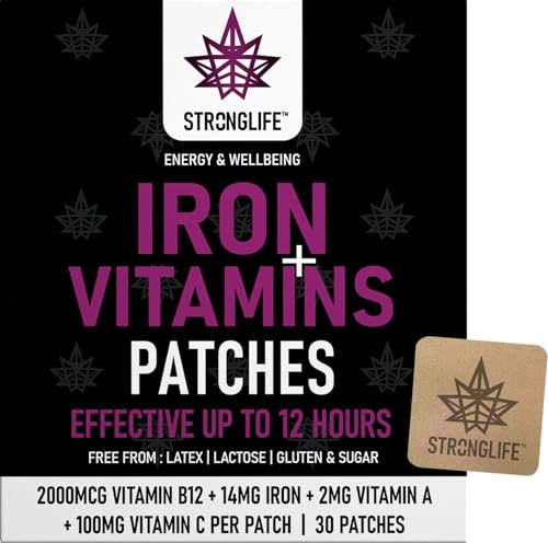Iron and Vitamins Transdermal Patches – B12, Iron, Vitamin A & C | 30 Patches for Energy, Immune, and Blood Health | High Absorption, Like Powders & Capsules, Easy to Use, Long-Lasting