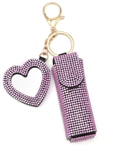Blueshyhall Étui à rouge à lèvres miroir en cuir avec strass brillants et strass - Petit sac à lèvres avec couvercle - Pendentif à paillettes - Pour porte-clés, sac à dos, Rose, Paillettes
