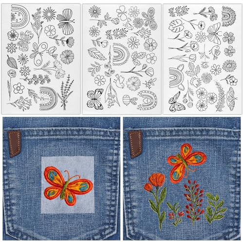 Tyqour 3 Blatt 79 Stück Stickvlies Wasserlöslich Stickvorlagen Wasserlöslich mit Blumenmustern,Selbstklebend Stickaufkleber Stickvorlagen Wasserlösliches Stickvlies Selbstklebend für DIY Projekte