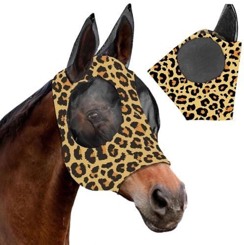 XFSRG Máscara para Caballo Elasticidad Máscara Moscas Caballo de Lycra Elástico Malla Cómoda Transpirable Protección UV Antimosquitos Insectos Leopardo Imprimir (Marrón)