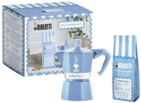 Bialetti Moka Express Aluminium Kaffekanna Set 3 Koppar Turkos med Kaffe Mandelmalet 250 g smaksatt