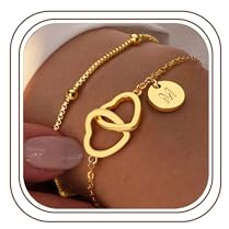TINGN Teenager Mädchen Geschenke - Layed Armband Herz Gold Armkette Damen,14K Gold Vergoldete Trauzeugin Armband mit Namen, Armbänder mit M Buchstaben Armbänder Mädchen, Geschenke für Teenager Kinder