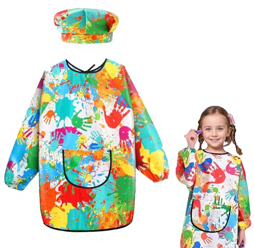 Axingqiwu Tablier Peinture Enfant 6-11 Ans avec Chapeau Manches Grandes Poches, Blouse Peinture Scolaire Imperméable pour Garçon Fille