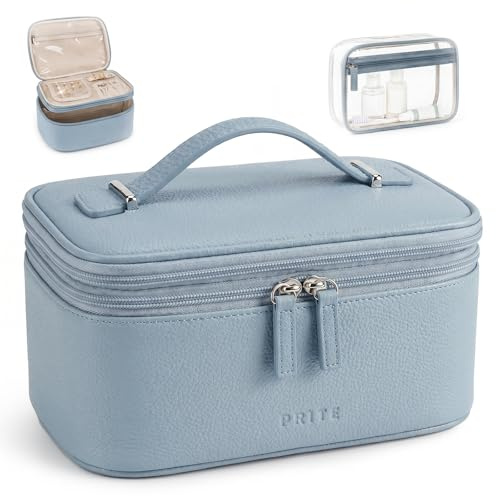 Prite 2 Pcs Makeup Bag Set Travel Cosmetic Case with Clear Toiletry Bag | Jewelry Organizer, Dual-Layer, Waterproof, for Women, Vegan Leather, Elastic Pocket, Zipper Pocket, Adjustable Divider