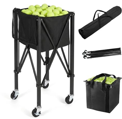 Relaxdays Tennis Ballwagen, für 150 Tennisbälle, mit Rollen & Tasche, faltbar, HBT: 90 x 41 x 41 cm, Tenniskorb, schwarz