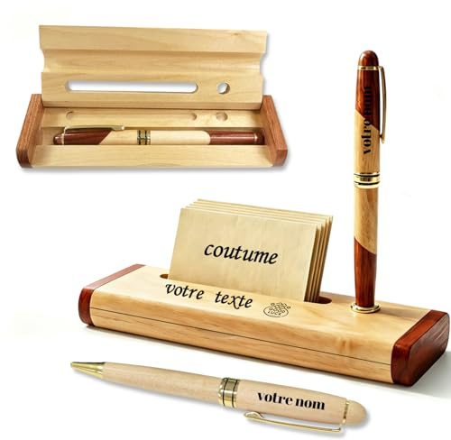 UGU Stylo Personnalisé et Porte Carte de Visite en Bois Parure Personnalisable Gravée Cadeau Maîtresse d'École et Maître Idée Coffret Originale pour Bureau Organisateur avec Support (Érable bicolore)