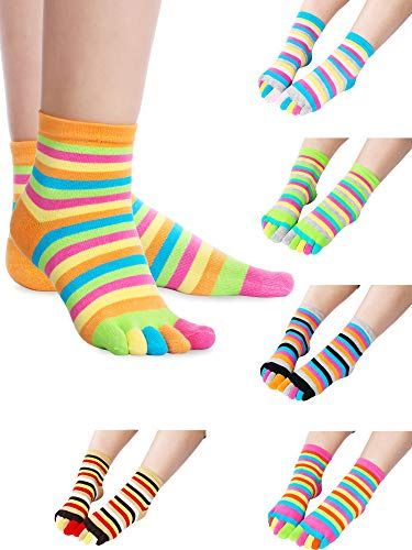 SATINIOR 6 Pairs Rainbow Stripe Toe Socks Women Rainbow Toe Socks Colorful Cotton Full Finger Sock for Athletic Running(Bright Color)