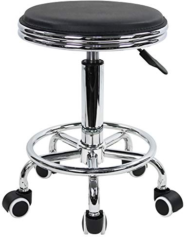 KKTONER Rollhocker Drehhocker höhenverstellbar mit Fußstütze aus PU Leder Schwarz