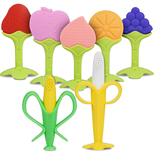 Vicloon Mordedor Bebes Refrigerante,7pcs Mordedores Bebes de Silicona Natural BPA Gratis Natural,Juguetes DenticiónAliviar El Dolor De Encías,con Cepillo de Dientes para BeBés