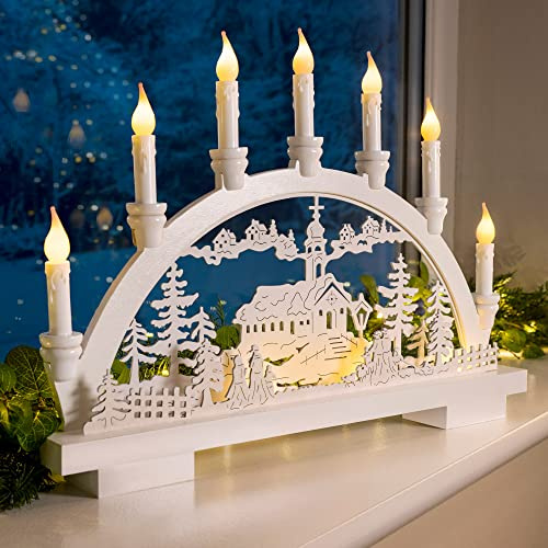 CHRISTOW Christmas Candle Arch White Wooden Bridge with Winter Village Scene Battery Operated with Timer