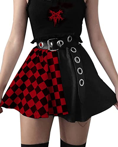 Goth Punk Y2K Plaid Skirt Goth High Waist Pleated Mini Skirt Grunge Streetwear Belt A Line Skirts Gothic Clothing