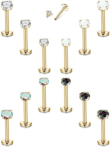 MILACOLATO 12 PCS 16G Helix Tragus Pendientes para Mujer Acero Inoxidable Labio Labret Stud Cartílago con Rosca Interna Pavimentado Clear CZ Opal Flat Back Pendientes Aretes Piercing G6mm