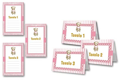 20 Cartellini Segnaposto (10x8cm) + 20 segnatavolo (15x10cm) per festa battesimo stampati con cura segnatavolo di carta per bimbo e bimba Decorazione tavolo per festa cena e cerimonia (Orsetta Rosa)