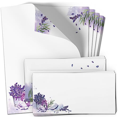 10 Briefpapier mit Briefumschlag SET | Lavendel Lila Frankreich | Papier und Umschlag mit Design-Motiv bedruckt | 90 g/m²