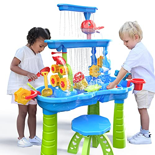 TEMI Toddler Water Table | Kids Sand and Water Table | 3-Tier Outdoor Water Play Table Toys for Toddlers Kids | Water Sensory Tables Summer Beach Toys for Outside Backyard for Kids age 3 4 5 6 7 8
