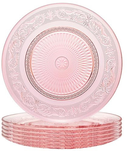 Art Deco Vintage Crystal Pink Plates | Set of 6 | Unique 10.5 Dinner or Charger Plates - Dinner, Charger, Dessert Server, Appetizer Plate, Snack, Fruit, Hand Wash, Housewarming Gift