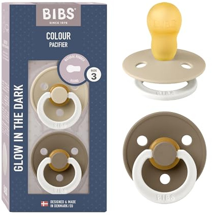 BIBS Colour Night Glow in the Dark Soother 2-Pack, BPA Free Dummy Pacifier, Round Nipple. Natural Rubber Latex, Made in Denmark, Size 3 (18+ Months), Vanilla Glow/Dark Oak Glow
